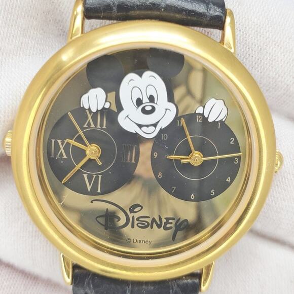 Disney Mickey Mouse Dual Dial Watch Gold Black Band H2F - Picture 3 of 14